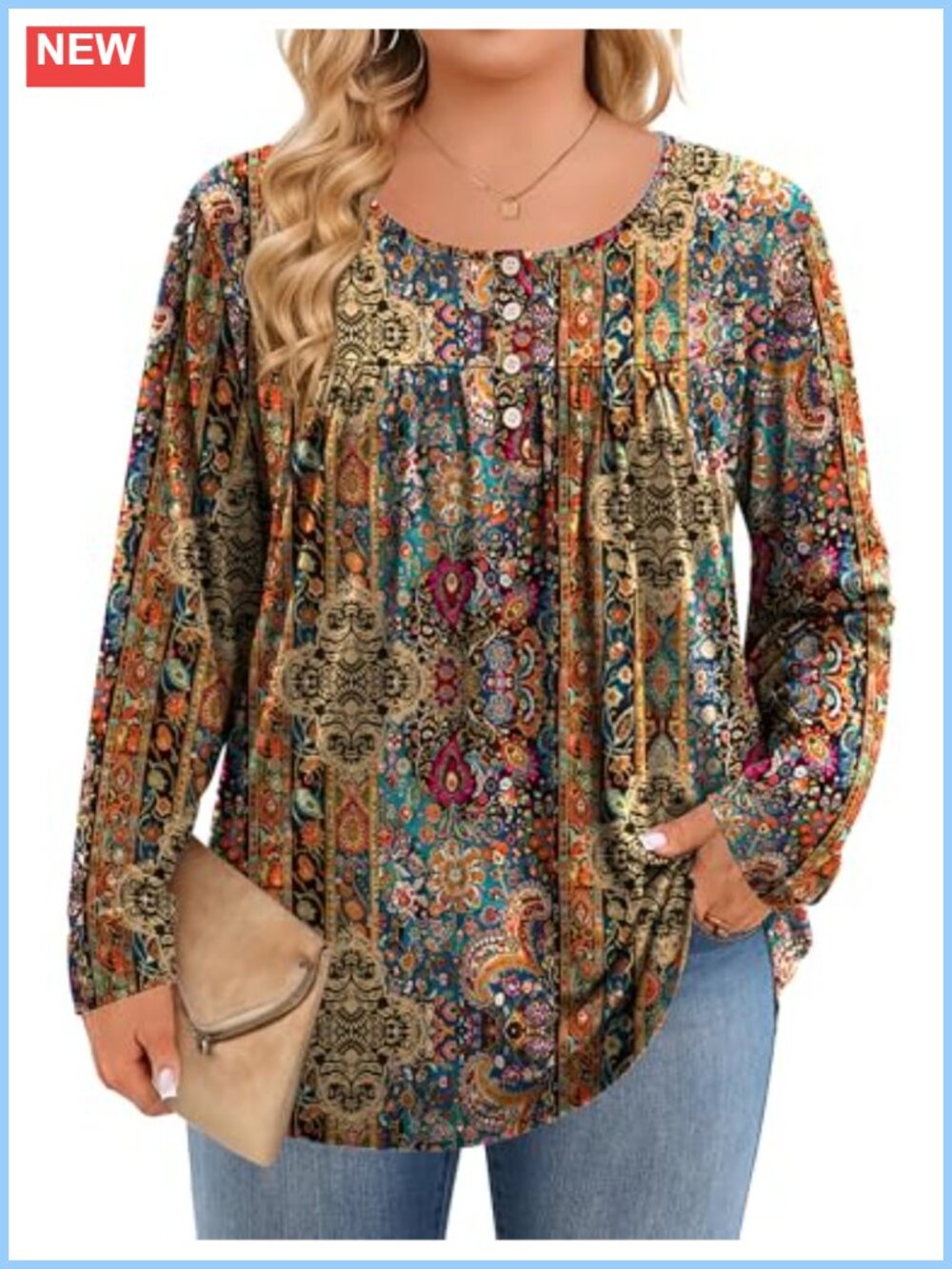 Plus Size Long Sleeve Tunic Top Pleated Floral Print Loose Fit Blouse